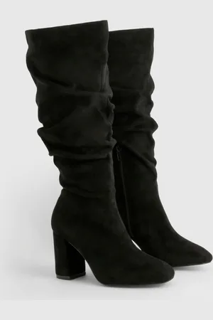 Boohoo Wide Fit Faux Suede Slouchy Block Heel Boots - - 10