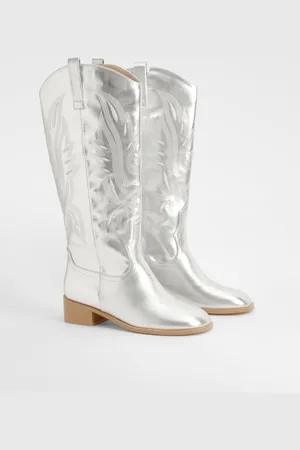 Boohoo Square Toe Low Heel Knee High Western Boots - - 5
