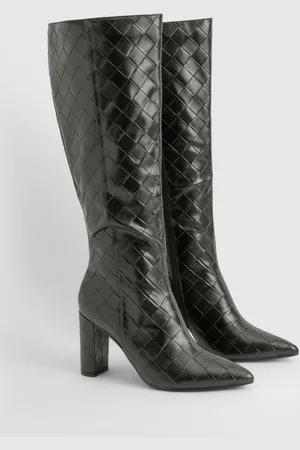 Boohoo Woven Detail Block Heeled Knee High Boots - - 6
