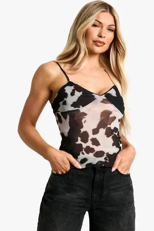 Boohoo Cow Print Mesh Trim Detail Cami Top - - 6