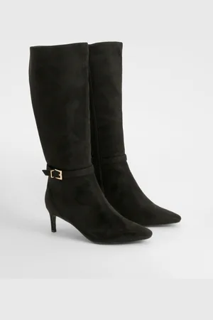 Boohoo Wide Fit Buckle Detail Low Heel Knee High Boots - - 7