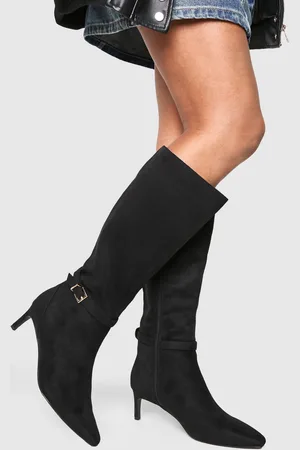 Boohoo Low Heel Buckle Detail Pointed Knee High Boots - - 5