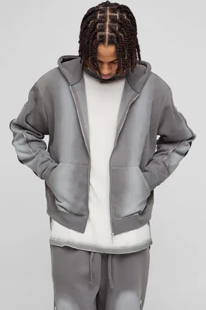 Boohoo Oversized Boxy Zip Detail Spray Wash Zip Through Hoodie - - L