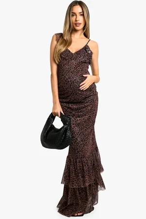 Boohoo Maternity Leopard Print Mesh Ruffle Hem Detail Strappy Maxi Dress - - 8