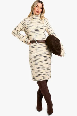 Boohoo Premium Marl Knit Turtleneck Midi Dress - - M
