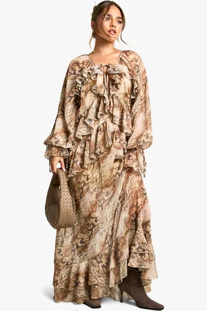Boohoo Petite Snake Ruffle Detail Chiffon Maxi Dress - - 6