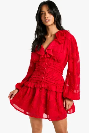 Boohoo Petite Floral Burnout Ruffle Plunge Ruched Skater Dress - - 4