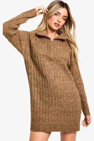 Boohoo Soft Knit Thick Rib Zip Neck Oversized Jumper Dress - - S