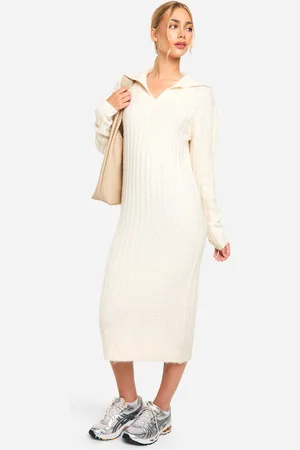 Boohoo Soft Knit Thick Rib Collar Detail Midaxi Dress - - S
