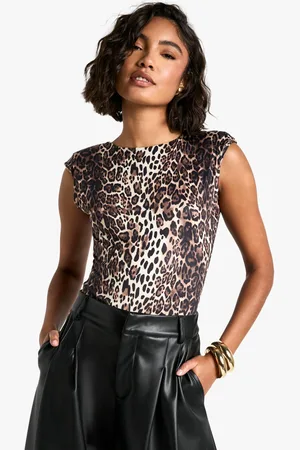 Boohoo Tall Leopard Print Shoulder Pad Bodysuit - - 6