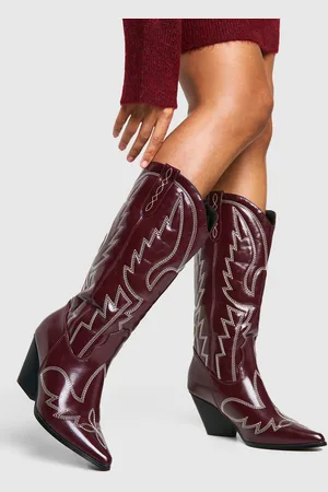 Boohoo Calf Detail Embroidered Western Cowboy Boots - 6