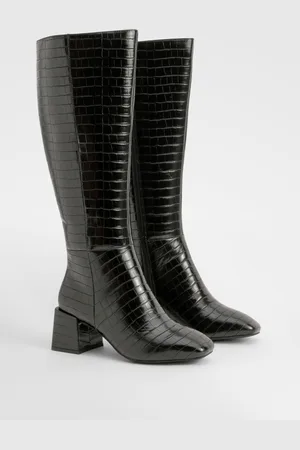Boohoo Wide Fit Croc Block Knee High Boots - - 5