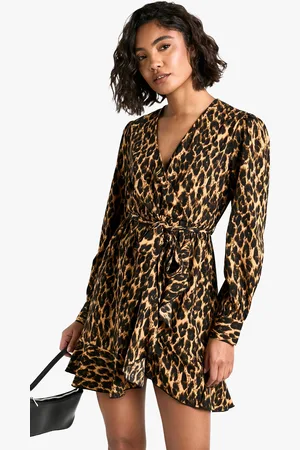 Boohoo Tall Leopard Print Ruffle Woven Wrap Dress - - 6