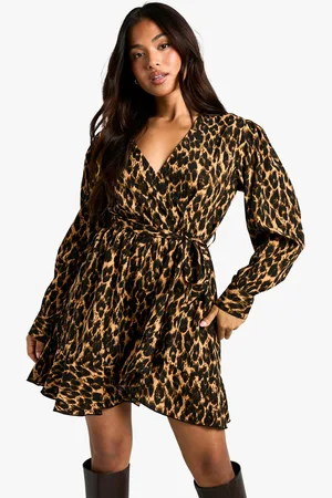 Boohoo Petite Leopard Print Ruffle Woven Wrap Dress - - 6