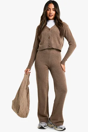 Boohoo Soft Knit V Neck Cardigan And Wide Leg Knitted Co-Ord - - S