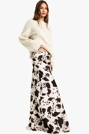 Boohoo Cow Print Satin Maxi Skirt - - 6