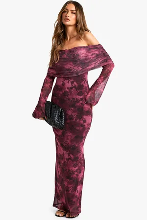 Boohoo Floral Bardot Mesh Maxi Dress - - 10