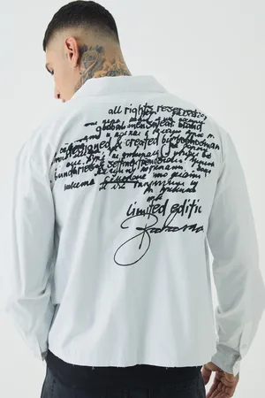 Boohoo Tall Oversized Script Graphic Boxy Long Sleeve Revere Shirt - - XL