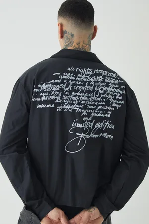 Boohoo Tall Oversized Script Graphic Boxy Long Sleeve Revere Shirt - - XL