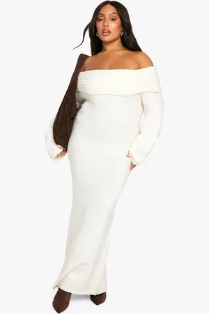 Boohoo Plus Premium Oversized Rib Bardot Neckline Soft Knit Jumper Dress - - 16