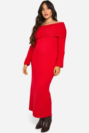 Boohoo Plus Premium Oversized Rib Bardot Neckline Soft Knit Jumper Dress - - 16