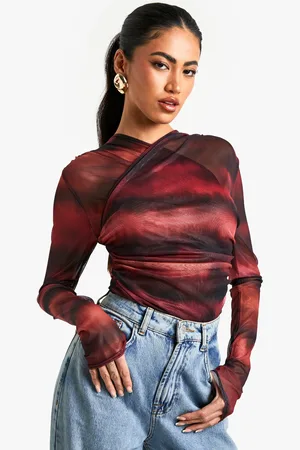 Boohoo Smudge Print Mesh Wrap Front Bodysuit - - 6
