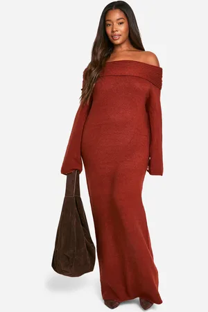 Boohoo Plus Premium Oversized Rib Bardot Neckline Soft Knit Jumper Dress - - 16