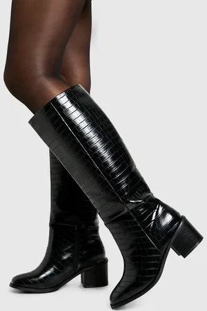 Boohoo Wide Fit Croc Block Knee High Boots - - 5