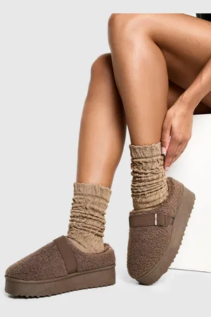 Boohoo Platform Borg Buckle Detail Cosy Mules - - 6