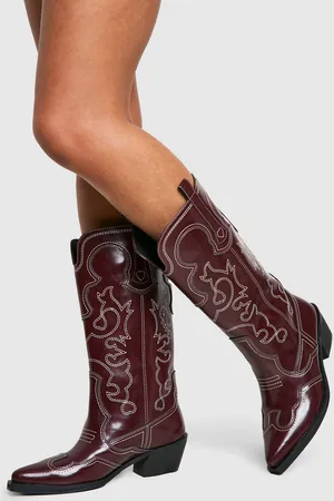 Boohoo Vintage Look Calf Detail Embroidered Western Cowboy Boots - 5