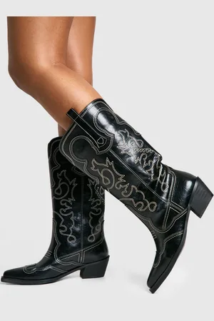 Boohoo Vintage Look Calf Detail Embroidered Western Cowboy Boots - - 5