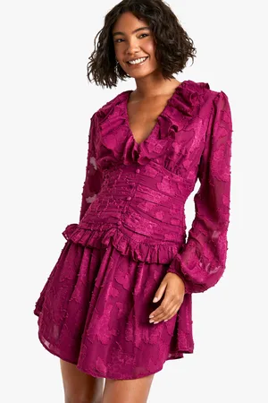 Boohoo Tall Floral Burnout Ruffle Plunge Ruched Skater Dress - - 4