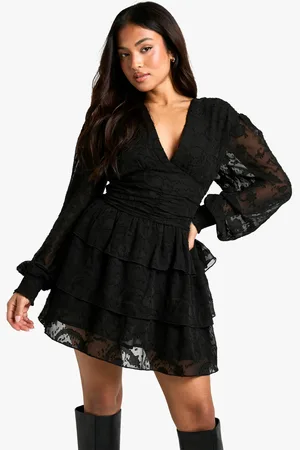 Boohoo Petite Paisley Burnout Volume Sleeve Tiered Hem Skater Dress - - 8