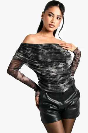 Boohoo Leopard Print Mesh Drape Front Long Sleeve Top - - 6