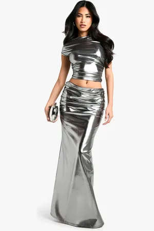 Boohoo Shimmer Ruched Side Maxi Skirt - - 6