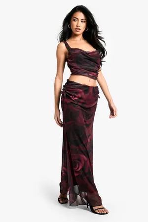 Boohoo Rose Print Mesh Ruched Side Maxi Skirt - - 6