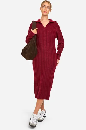 Boohoo Soft Knit Thick Rib Collar Detail Midaxi Dress - - S