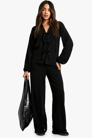 Boohoo Rib Tie Front Blouse And Pants Co-Ord - - 6