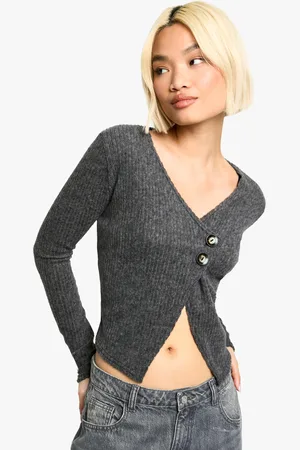 Boohoo Brushed Chunky Rib Asymmetric Button Cardigan - - 6