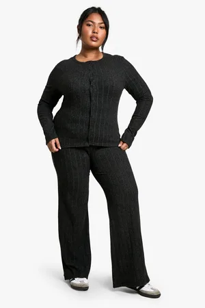 Boohoo Plus Soft Rib Button Through Cardigan And Pants Knitted Set - - 16