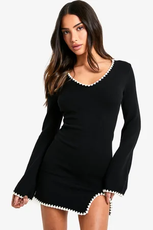 Boohoo Petite Contrast Trim Split Hem Knitted Skater Dress - - XS