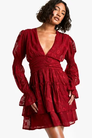 Boohoo Tall Paisley Burnout Puff Sleeve Ruched Skater Dress - - 4