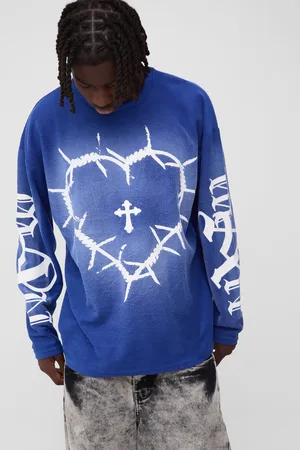 Boohoo Oversized Reverse Loopback Heart Print Long Sleeve Spray Wash T-Shirt - - S