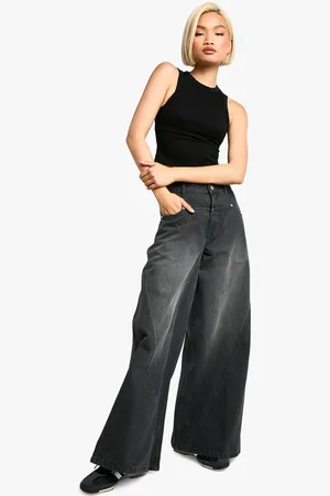 Boohoo Seam Detail Washed Wide Leg Denim Jean - 6