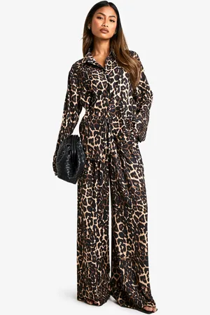 Boohoo Relaxed Woven Leopard Shirt & Drawstring Wide Leg Trouser Co-Ord - - 8