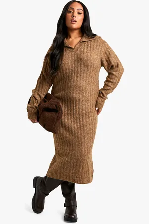 Boohoo Plus Soft Knit Thick Rib Collar Detail Maxi Dress - - 16
