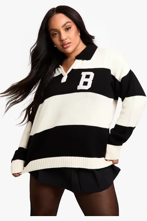 Boohoo Plus Bold Stripe Varsity Polo Collar Jumper - - 16-18