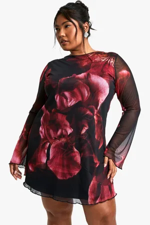 Boohoo Plus Blur Floral Mesh Flare Sleeve Mini Dress - - 16