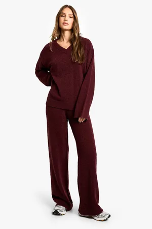 Boohoo Soft Knit V Neck Jumper And Wide Leg Knitted Co-Ord - - S