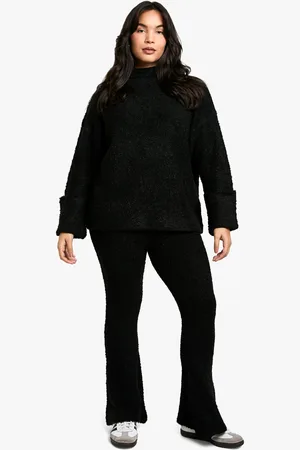 Boohoo Plus Borg High Neck Cuff Detail Knitted Jumper And Flare Pants Co-Ord - - 16